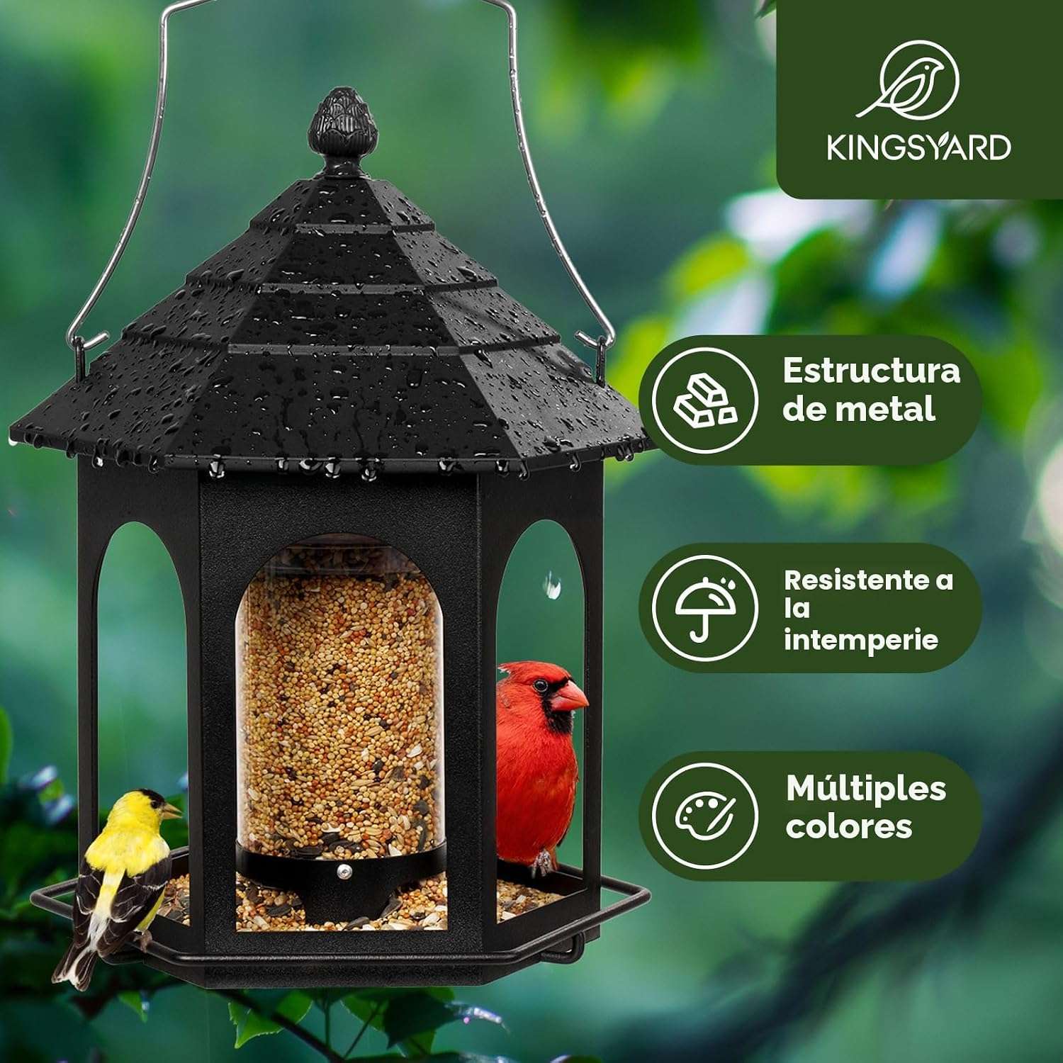 Comedero Metalico Para Pajaros Exterior Negro 1.36 Kilos Protector Lluvia - Imagen 4