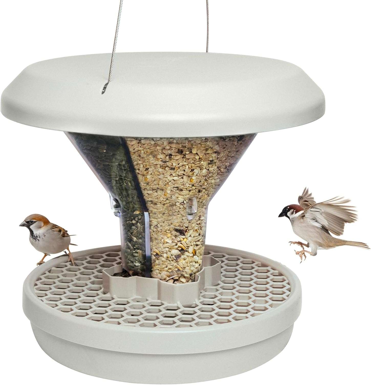 comedero para pajaros colgante con doble cámara y bandeja recolectora de semillas antiderrames