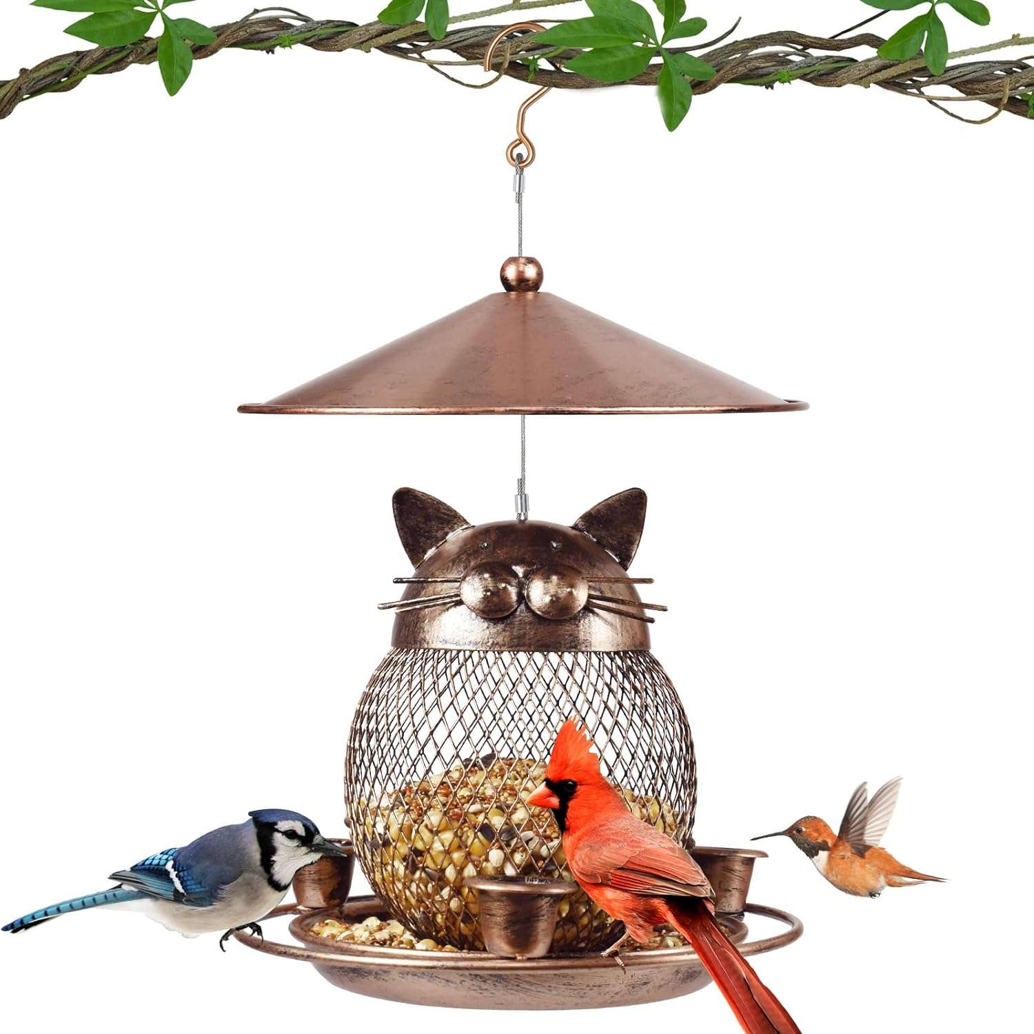 comedero para pajaros metalico con diseño de gato en color bronce, incluye deflector anti ardillas y taza de agua
