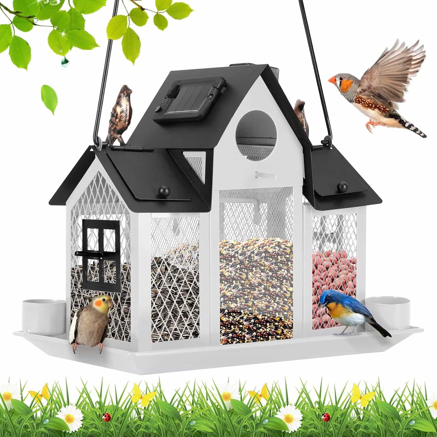 comedero solar de metal para pajaros silvestres con luz led para jardin