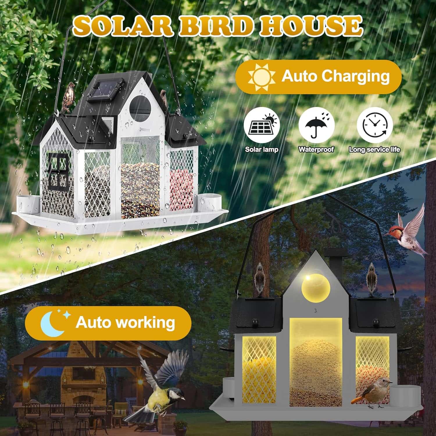 comedero solar de metal para pajaros silvestres con luz led para jardin