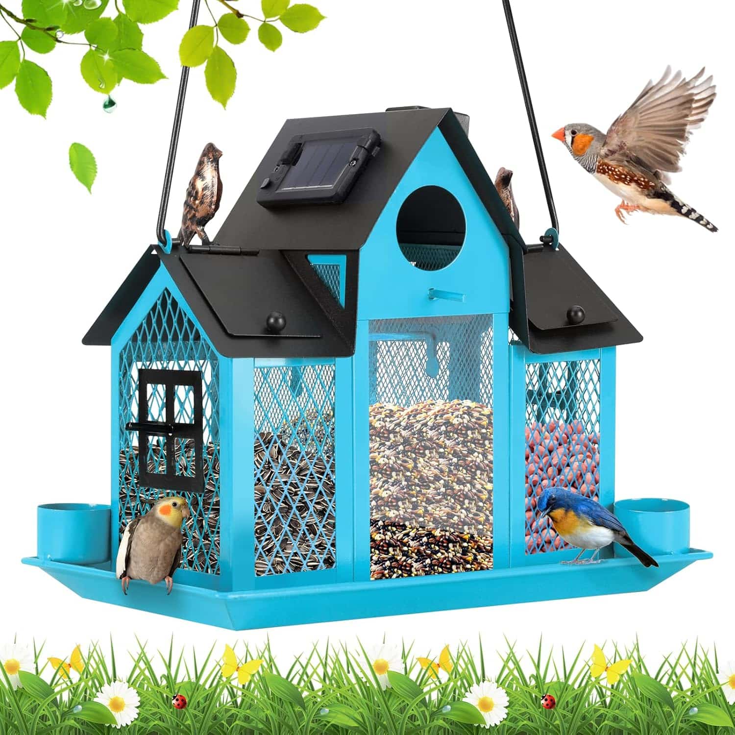 comedero solar de metal para pajaros silvestres con luz led para jardin