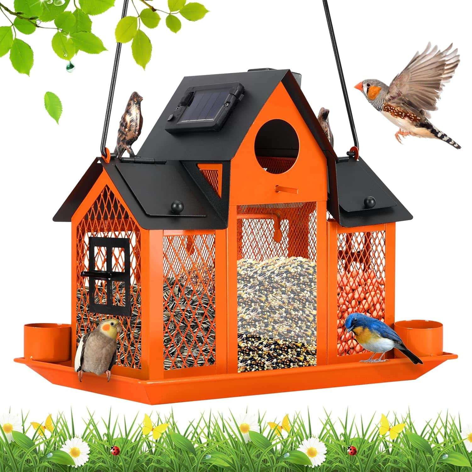 comedero solar de metal para pajaros silvestres con luz led para jardin