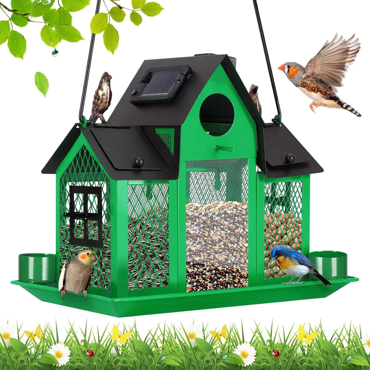 comedero solar de metal para pajaros silvestres con luz led para jardin