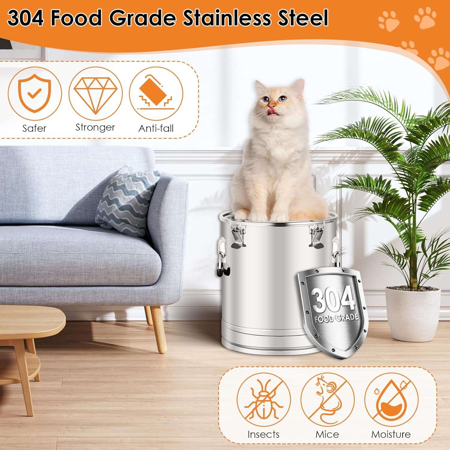 contenedor hermetico de acero inoxidable 304 para alimento de mascotas de 11 kilogramos con cuchara