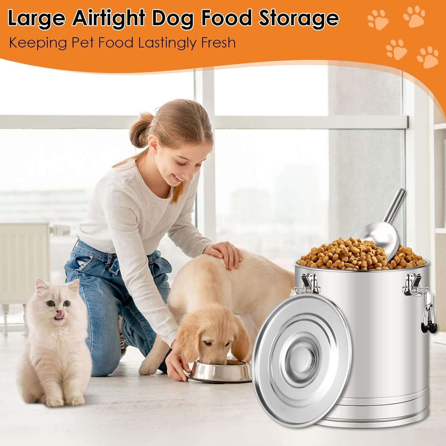 contenedor hermetico de acero inoxidable 304 para alimento de mascotas de 11 kilogramos con cuchara
