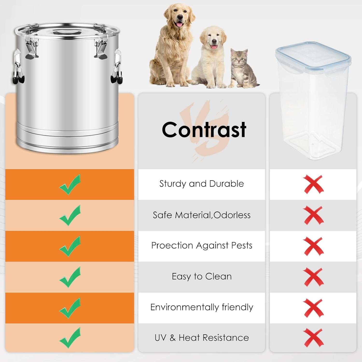 contenedor hermetico de acero inoxidable 304 para alimento de mascotas de 11 kilogramos con cuchara