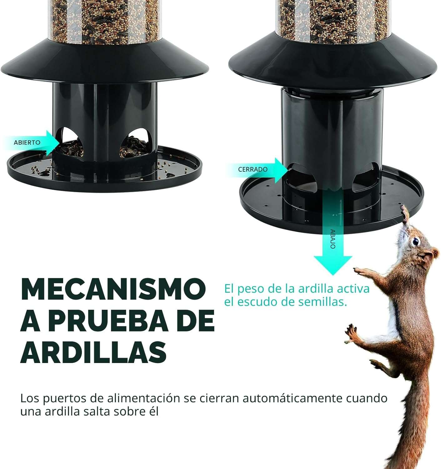comedero colgante verde oscuro para pajaros con sistema anti ardillas por peso y techo protector
