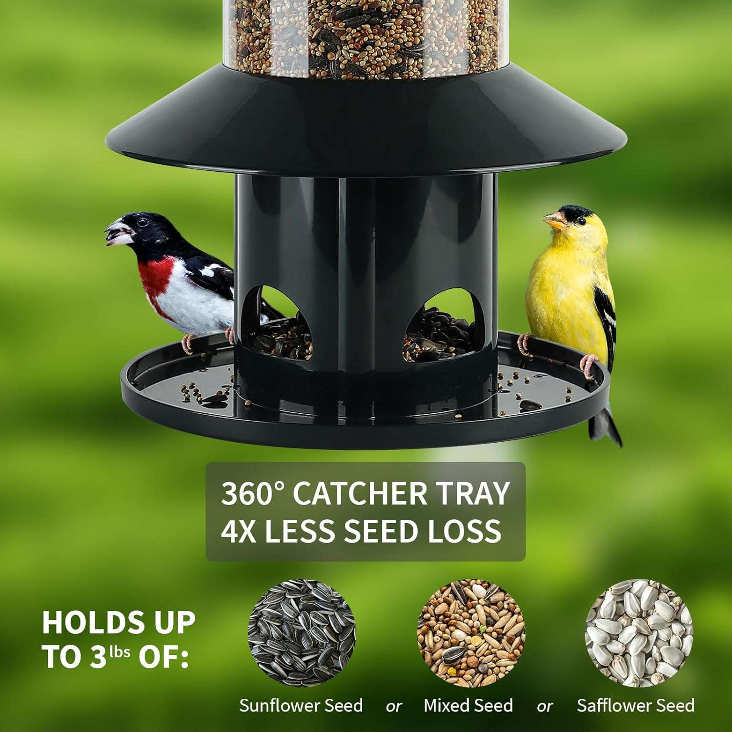 comedero colgante verde oscuro para pajaros con sistema anti ardillas por peso y techo protector