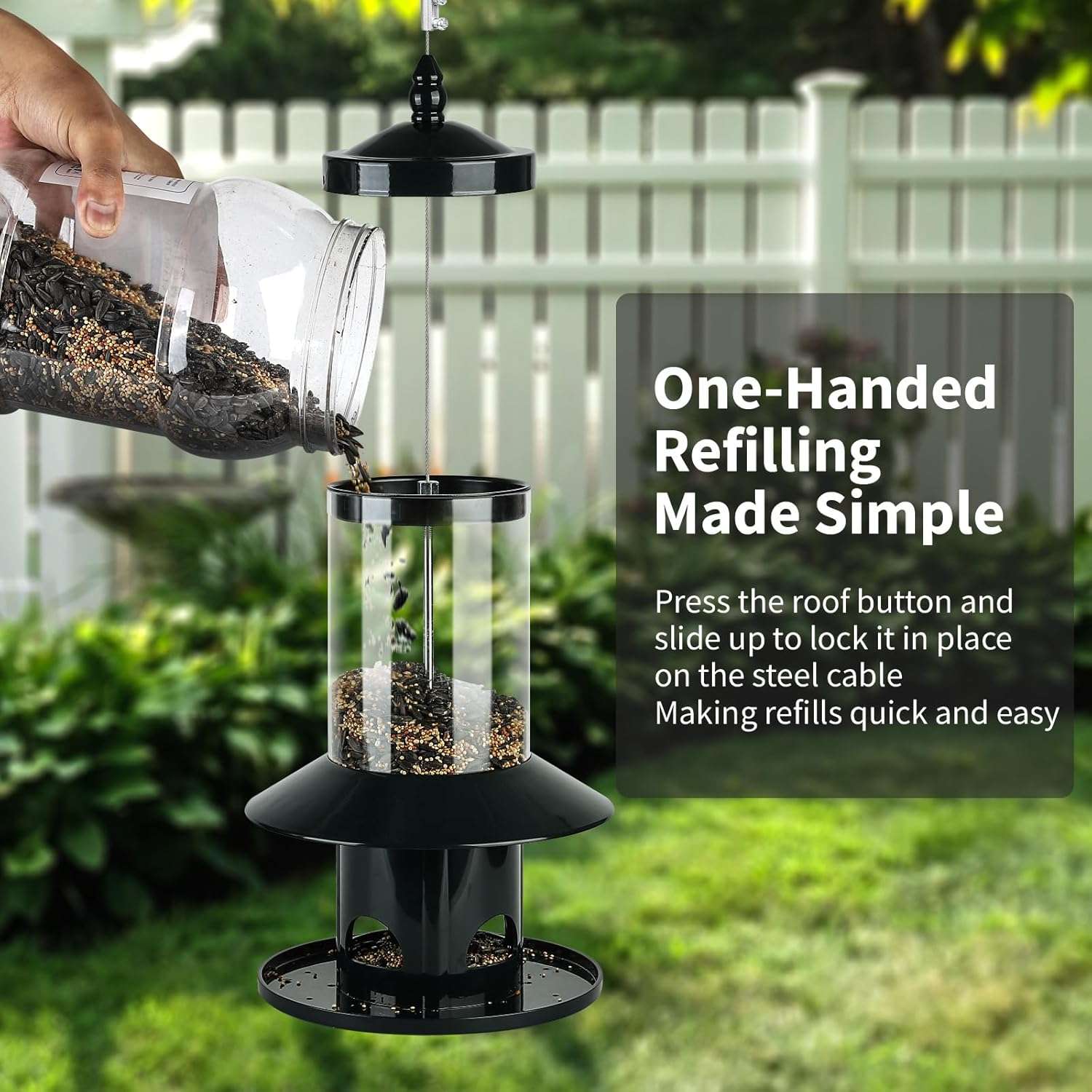 comedero colgante verde oscuro para pajaros con sistema anti ardillas por peso y techo protector