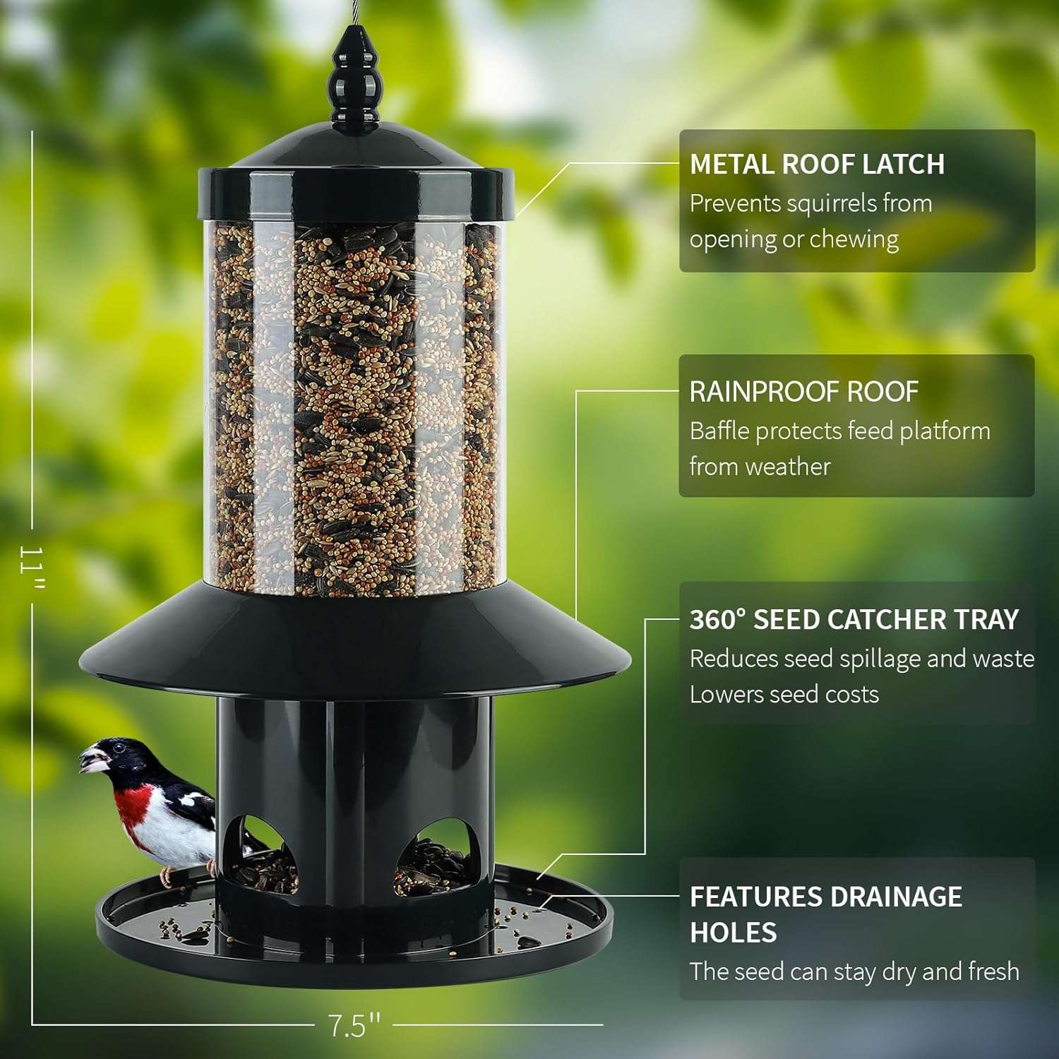 comedero colgante verde oscuro para pajaros con sistema anti ardillas por peso y techo protector
