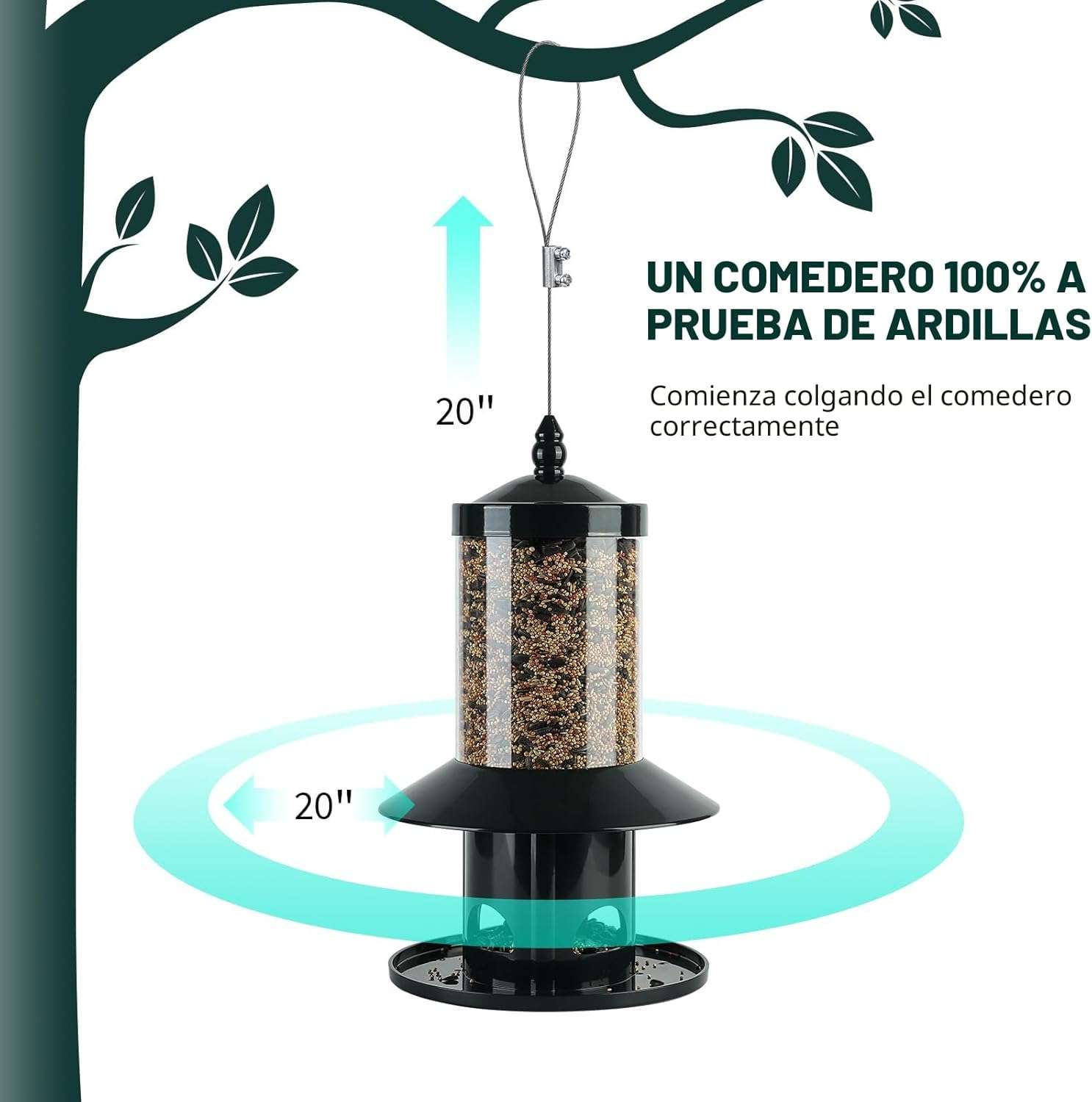 comedero colgante verde oscuro para pajaros con sistema anti ardillas por peso y techo protector