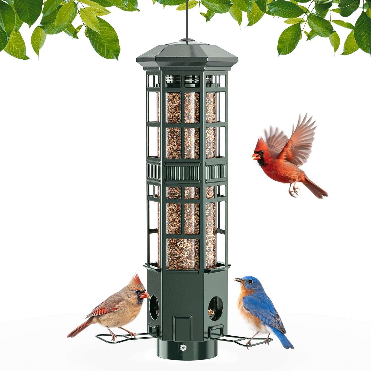 comedero colgante de metal de 40.64 centimetros para pajaros con tres puertos y sistema anti ardillas