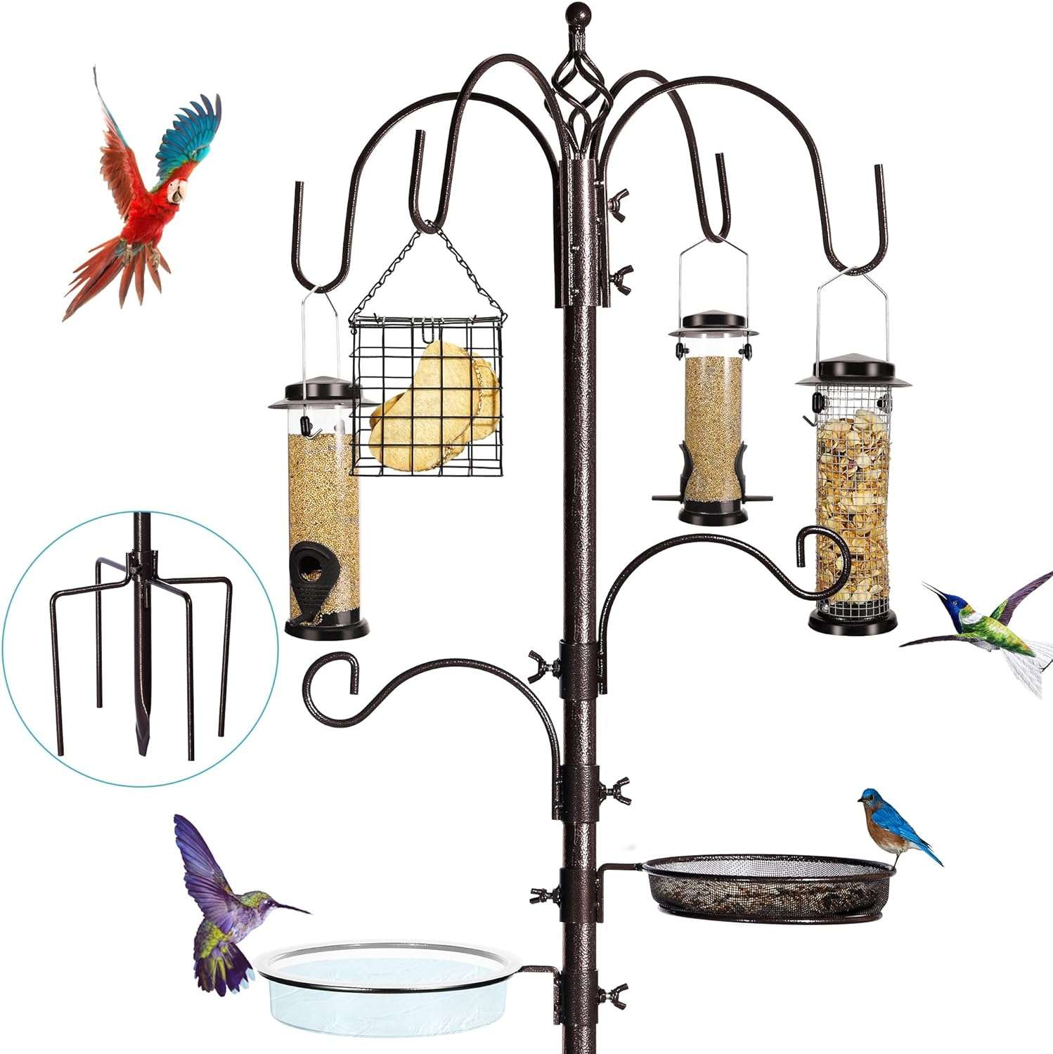 kit de estacion de alimentacion metalica de 238 centimetros para pajaros con comederos y bebedero