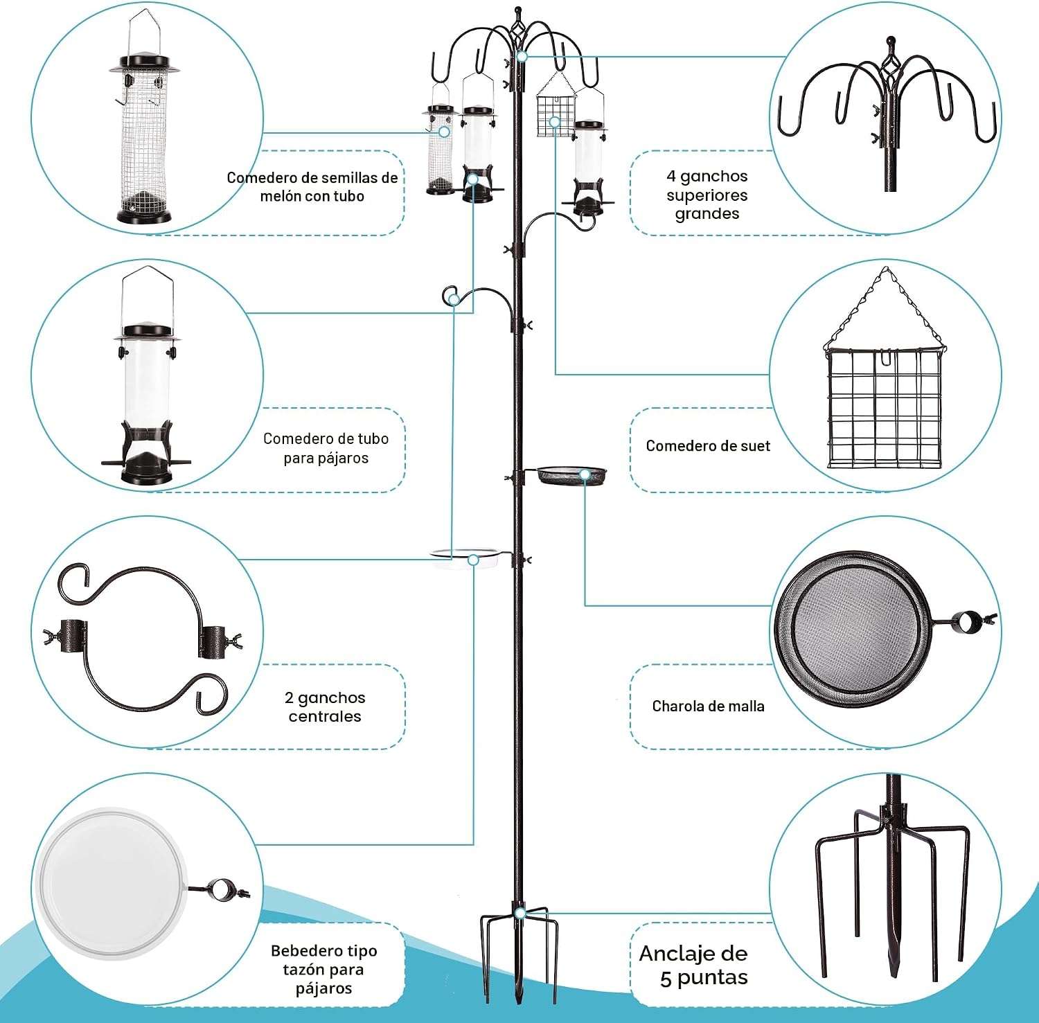 kit de estacion de alimentacion metalica de 238 centimetros para pajaros con comederos y bebedero