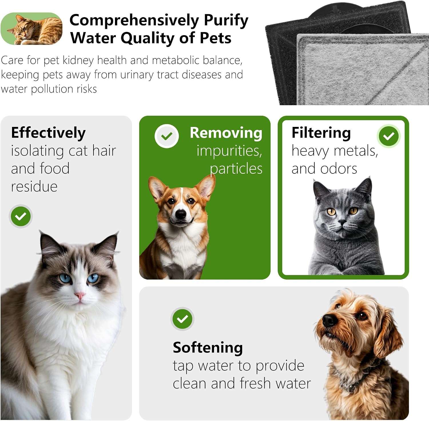 paquete de 16 filtros de repuesto y esponjas para fuente de agua de gatos