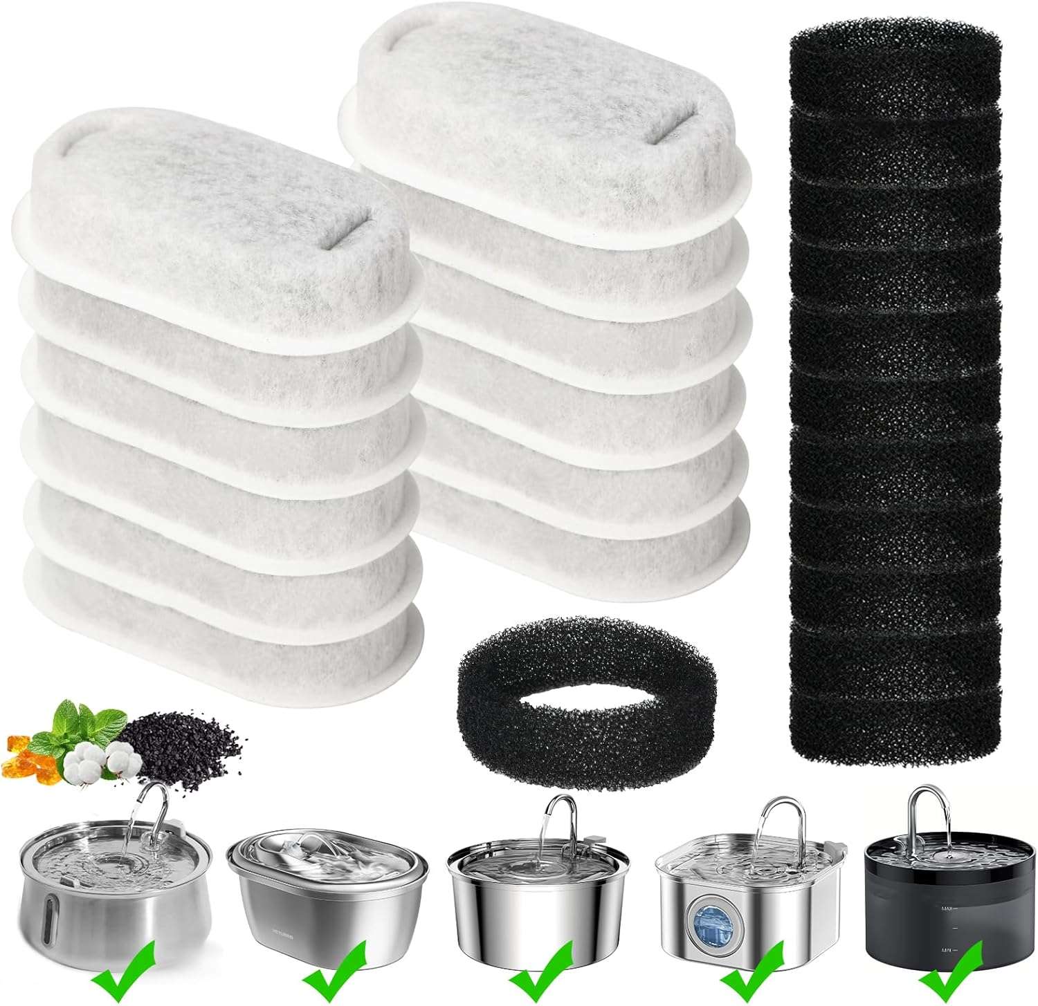 paquete de 32 filtros de repuesto y esponjas para fuente de agua de gatos de acero inoxidable