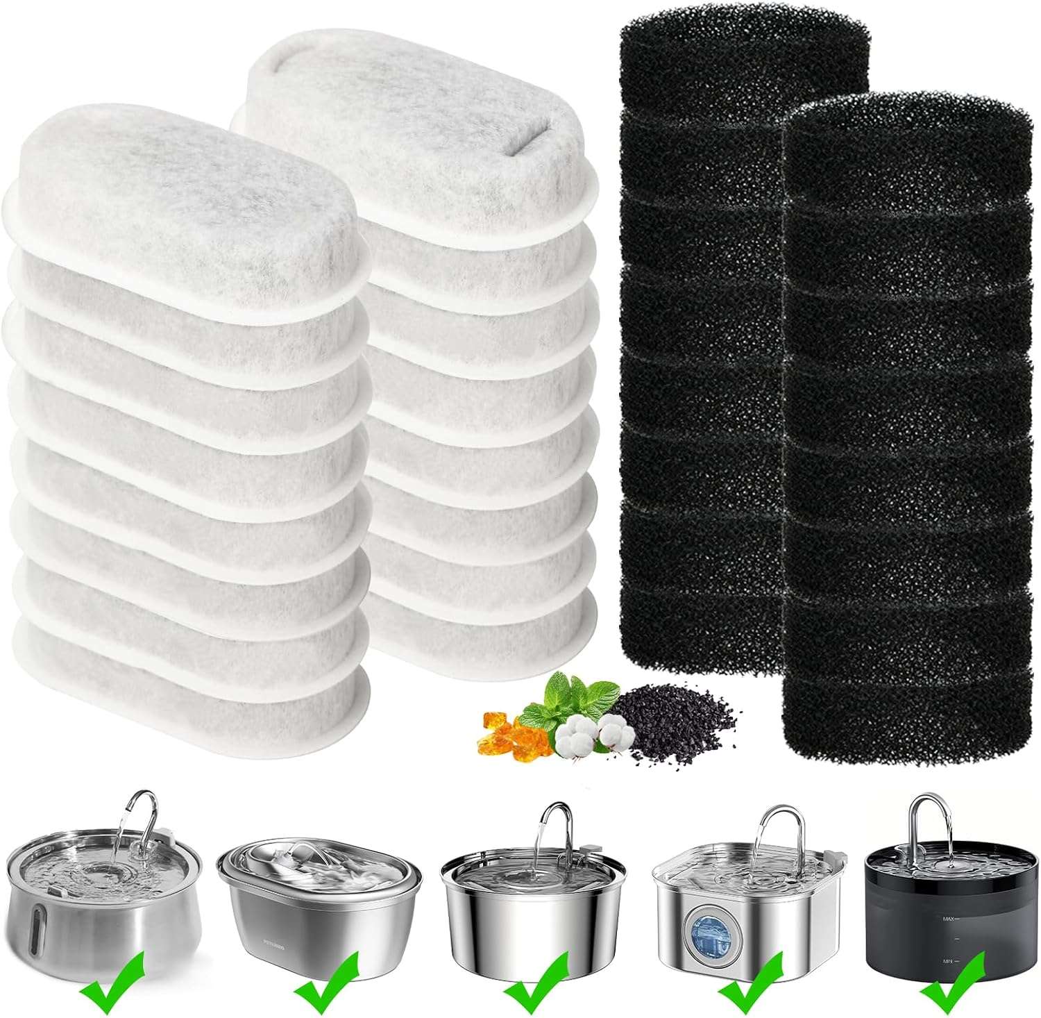 paquete de 32 filtros de repuesto y esponjas para fuente de agua de gatos de acero inoxidable
