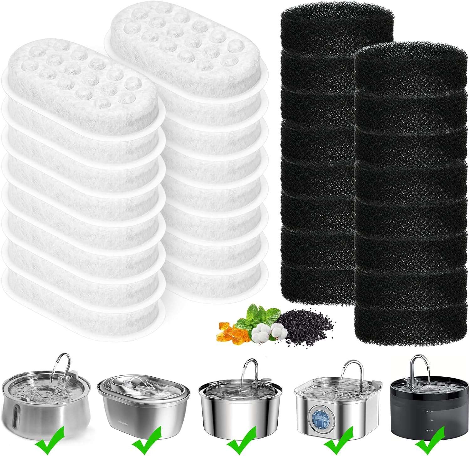 paquete de 32 filtros de repuesto y esponjas para fuente de agua de gatos de acero inoxidable