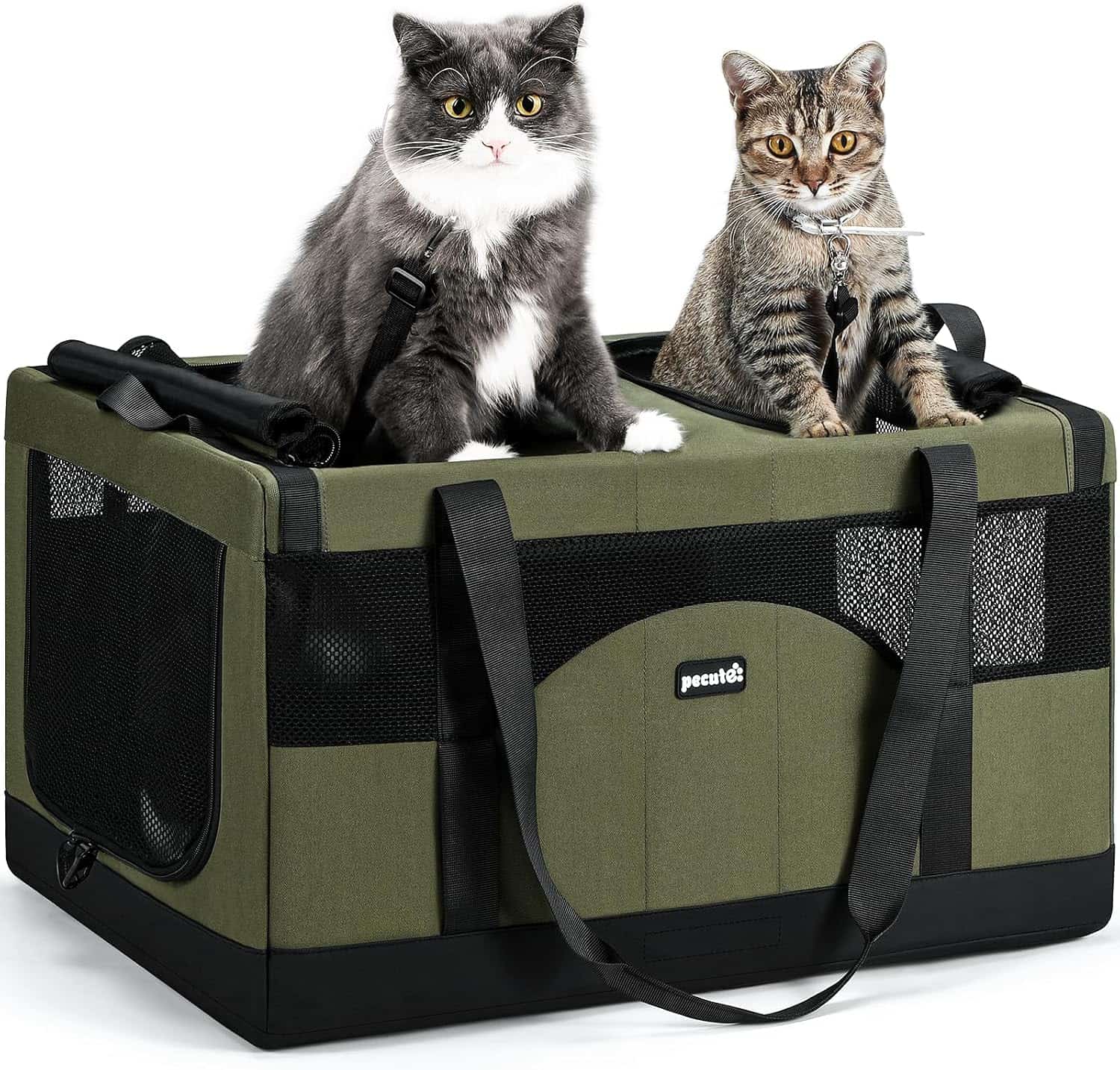 transportador de mascotas pecute plegable con doble compartimento y marco de acero reforzado