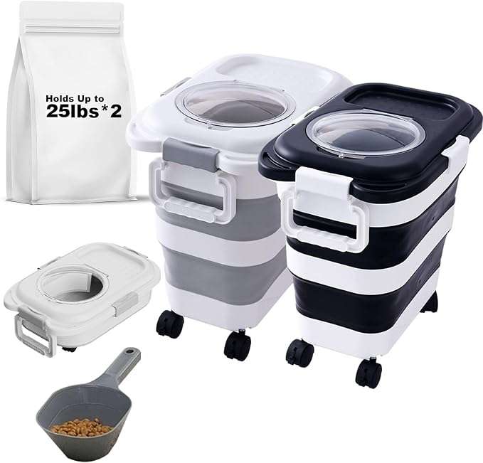 set de 2 contenedores hermeticos y plegables con ruedas para alimento de mascotas