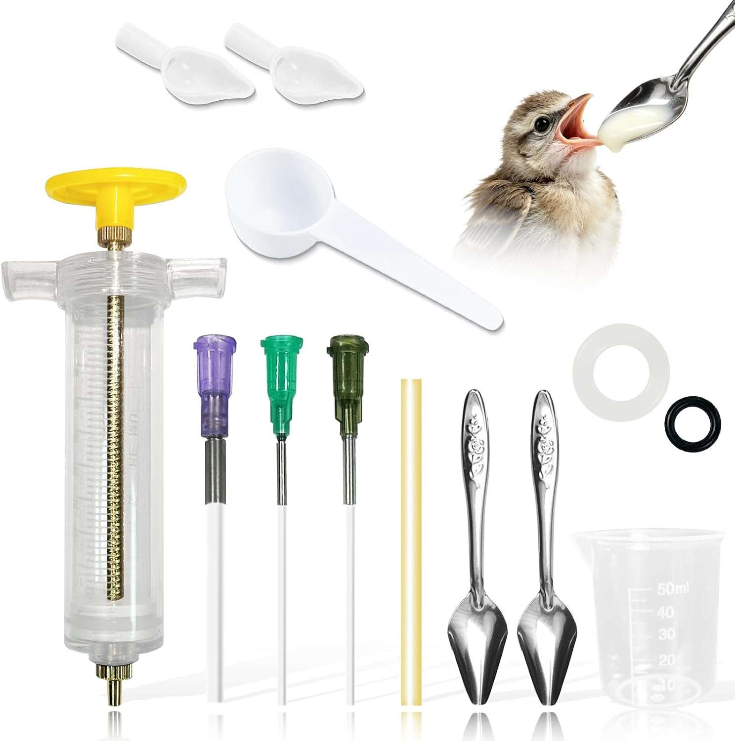 kit de alimentación manual para aves con jeringa ajustable, tubos de silicona y cucharas de acero inoxidable