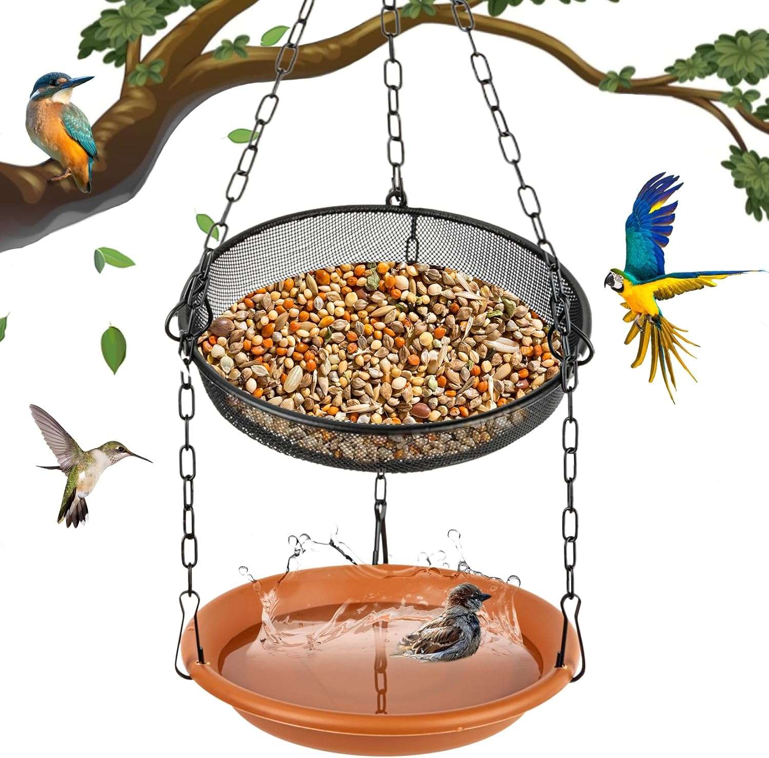 set de baño y comedero colgante para pajaros con bandeja de malla metálica y recipiente de agua para jardin
