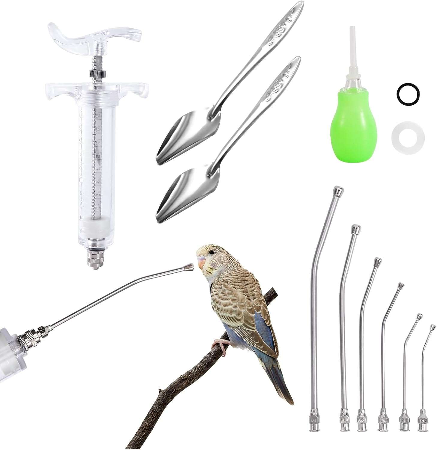 kit completo de jeringa con tubos de silicona y cucharas para alimentación manual de aves y loros bebe