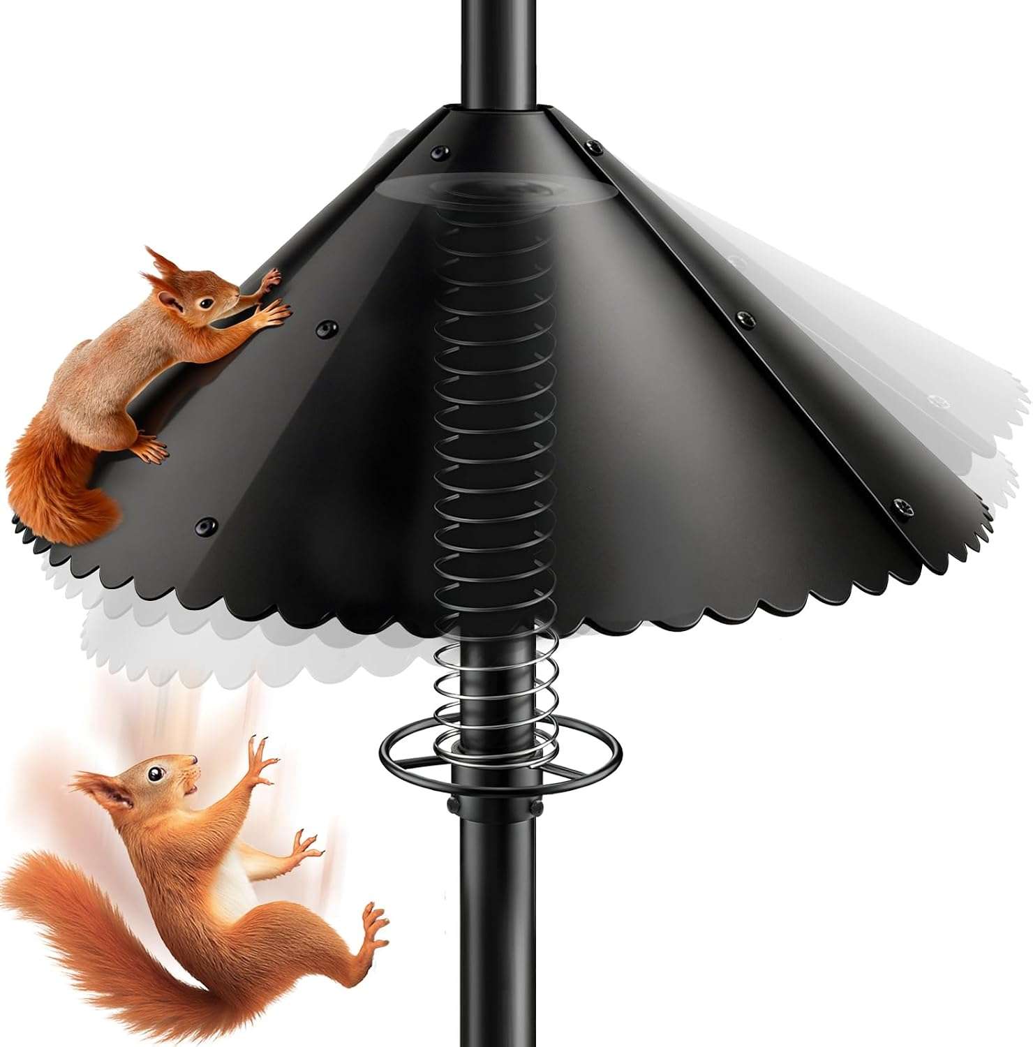 deflector de ardillas metalico de 45.72 centimetros para poste de comedero de aves con sistema de resorte