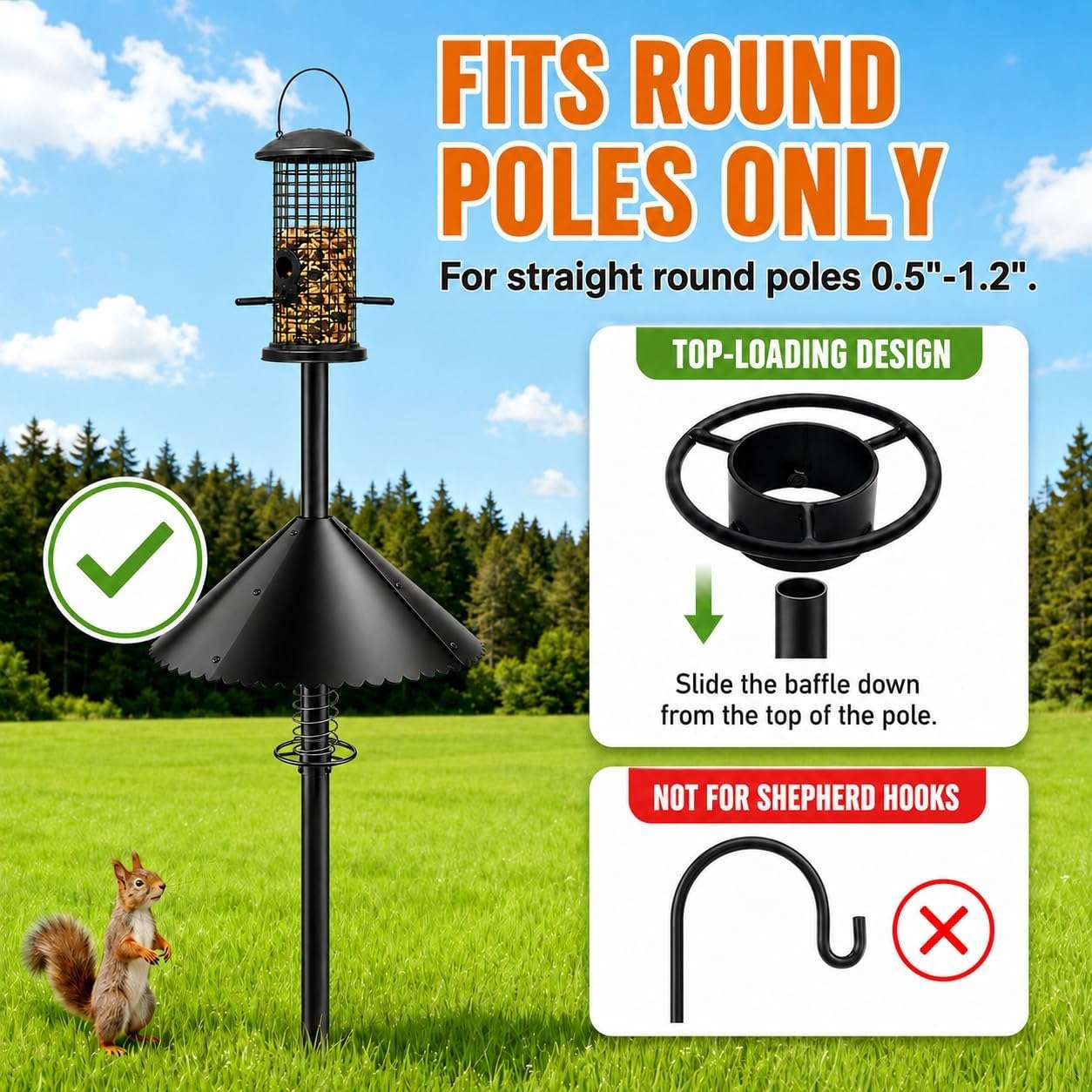 deflector de ardillas metalico de 45.72 centimetros para poste de comedero de aves con sistema de resorte