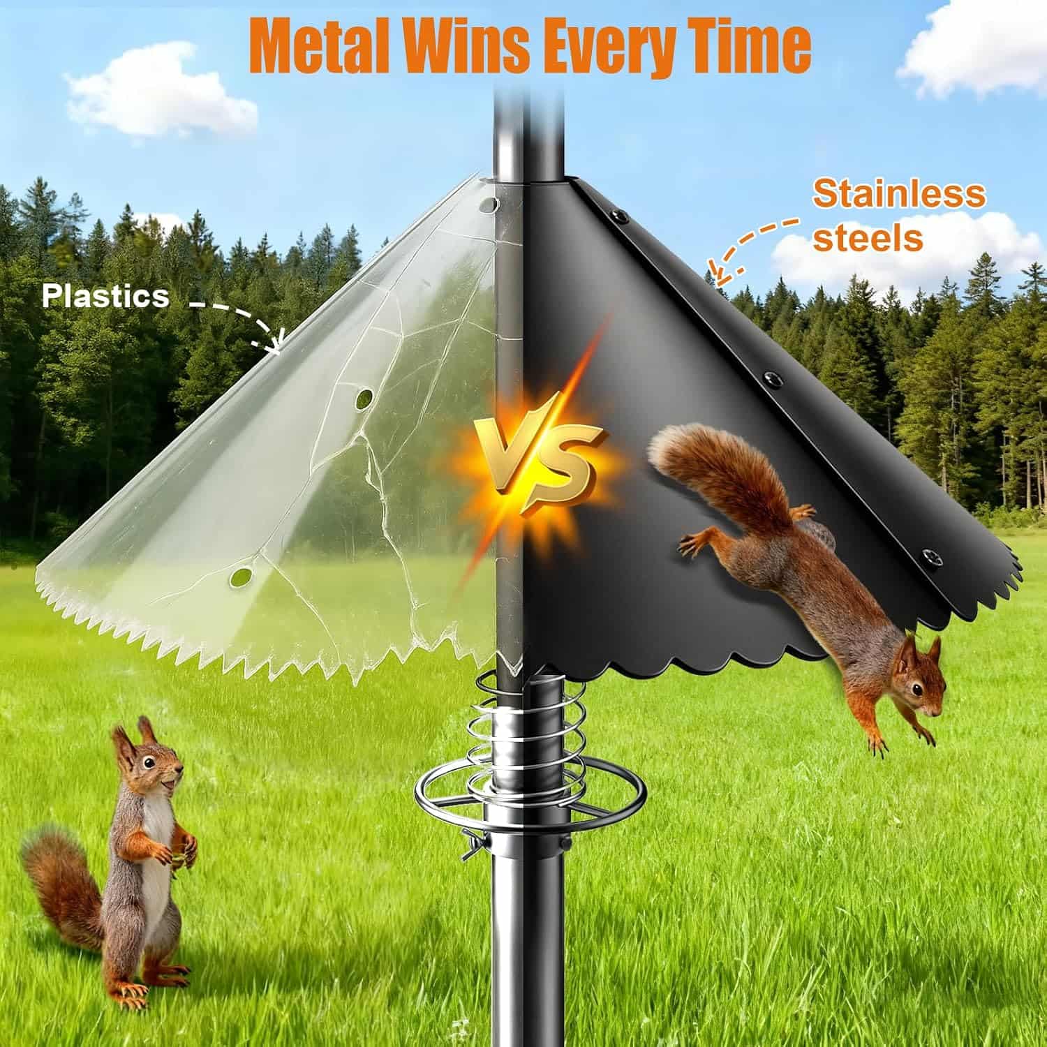 deflector de ardillas metalico de 45.72 centimetros para poste de comedero de aves con sistema de resorte