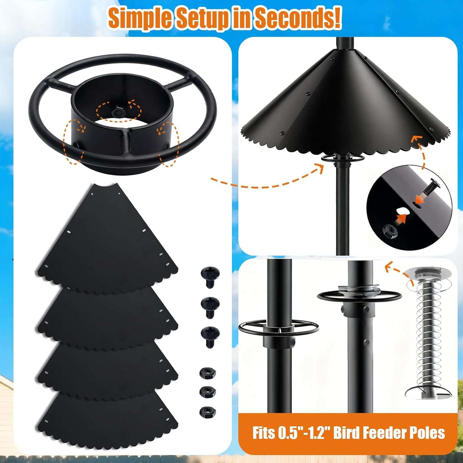 deflector de ardillas metalico de 45.72 centimetros para poste de comedero de aves con sistema de resorte