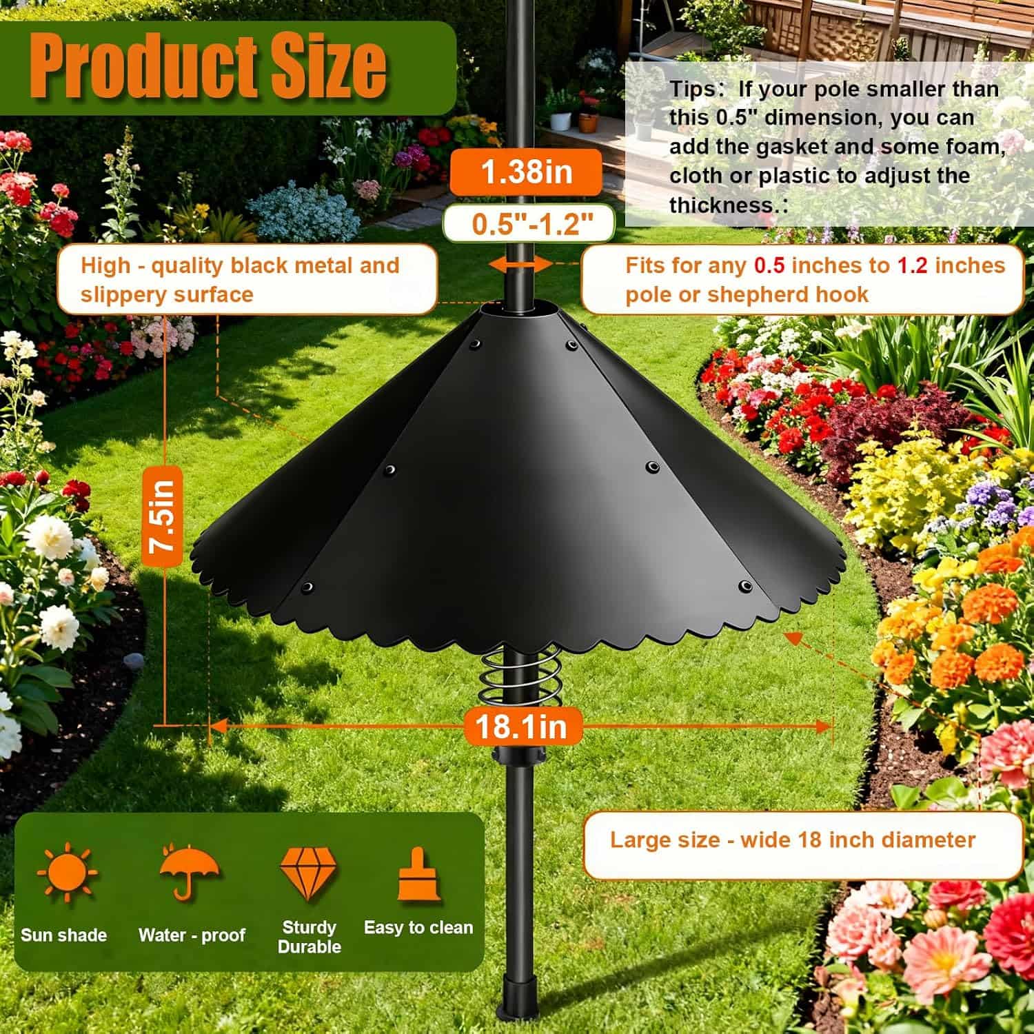 deflector de ardillas metalico de 45.72 centimetros para poste de comedero de aves con sistema de resorte