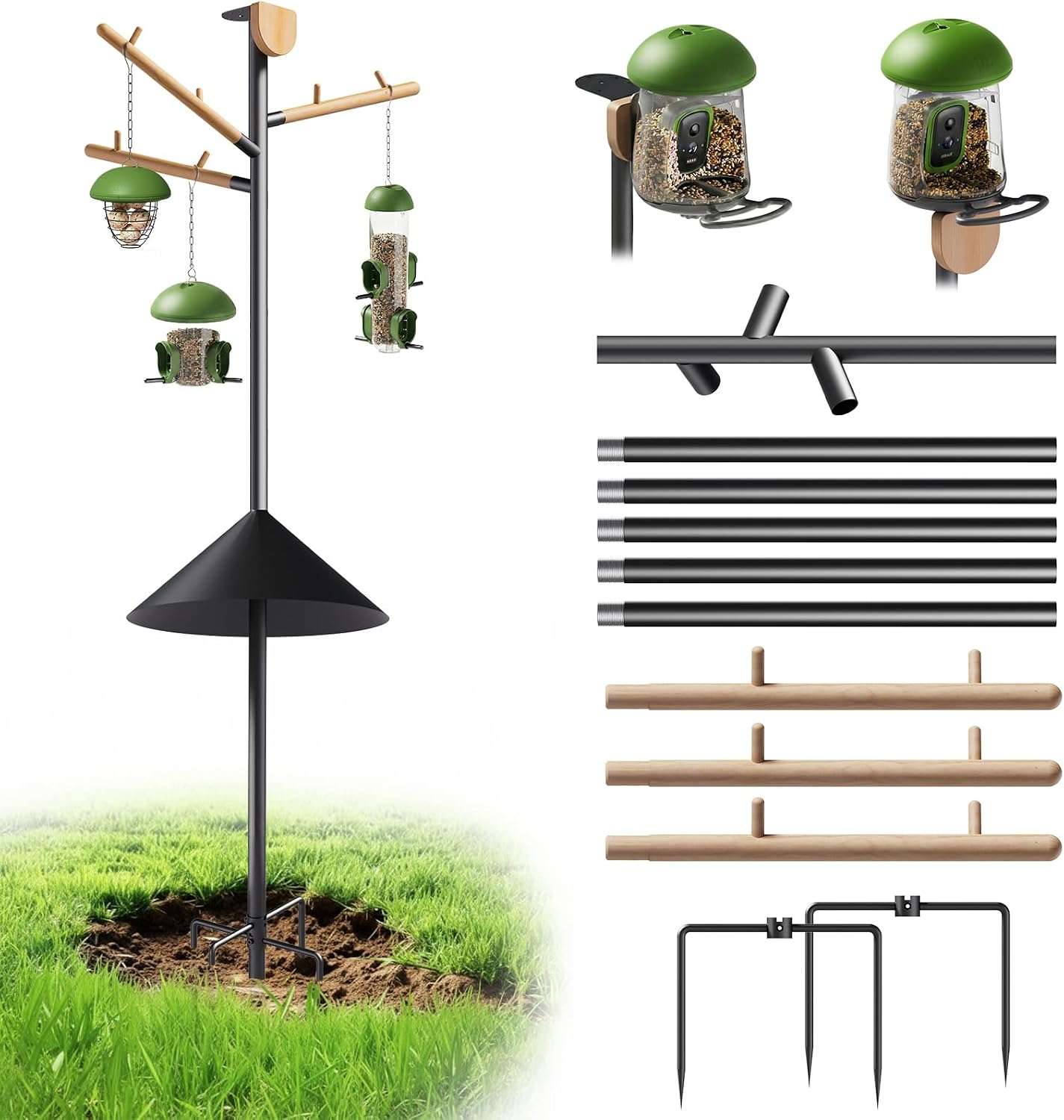poste resistente para comedero de pajaros con altura ajustable, deflector anti ardillas y base de 5 puntas para jardin