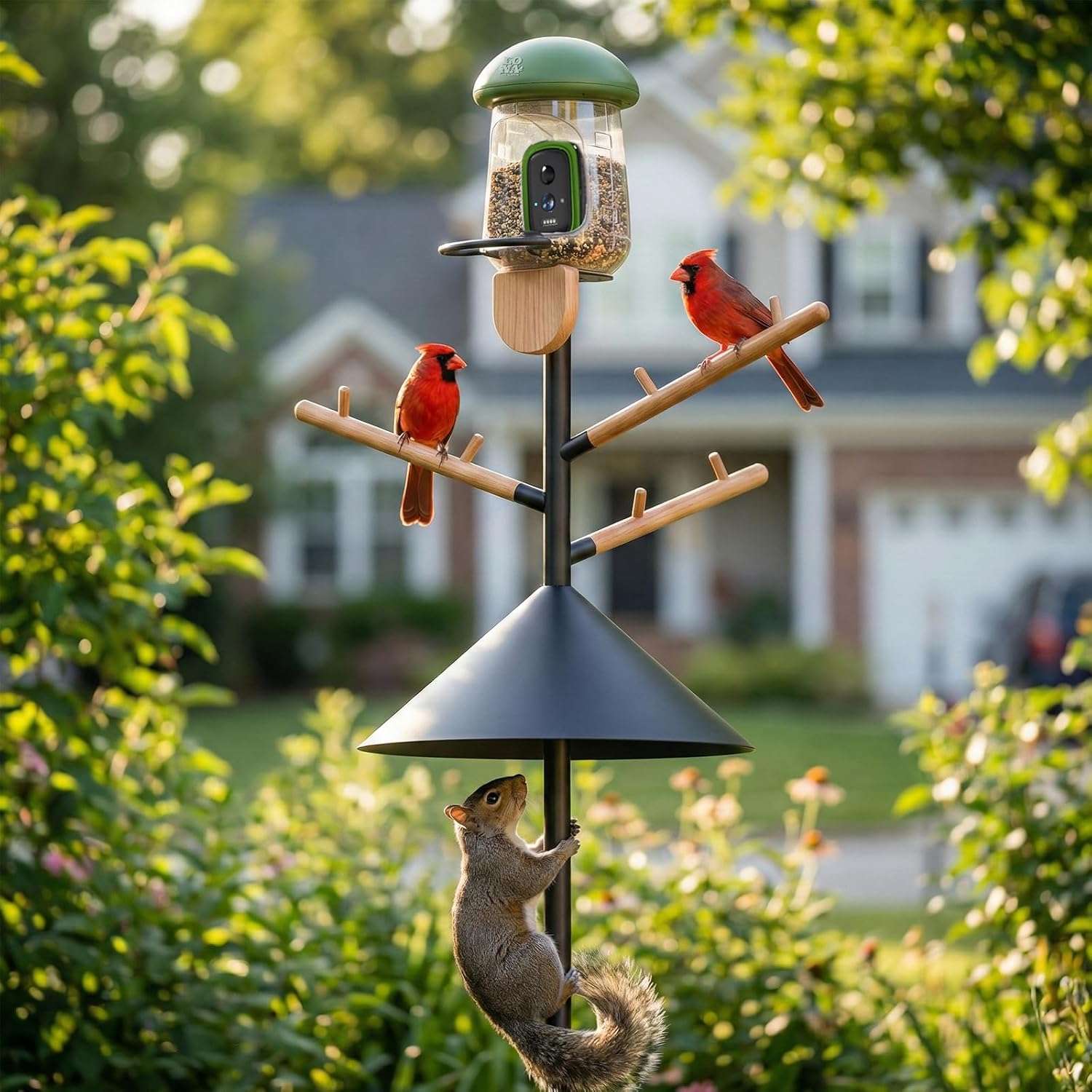 poste resistente para comedero de pajaros con altura ajustable, deflector anti ardillas y base de 5 puntas para jardin