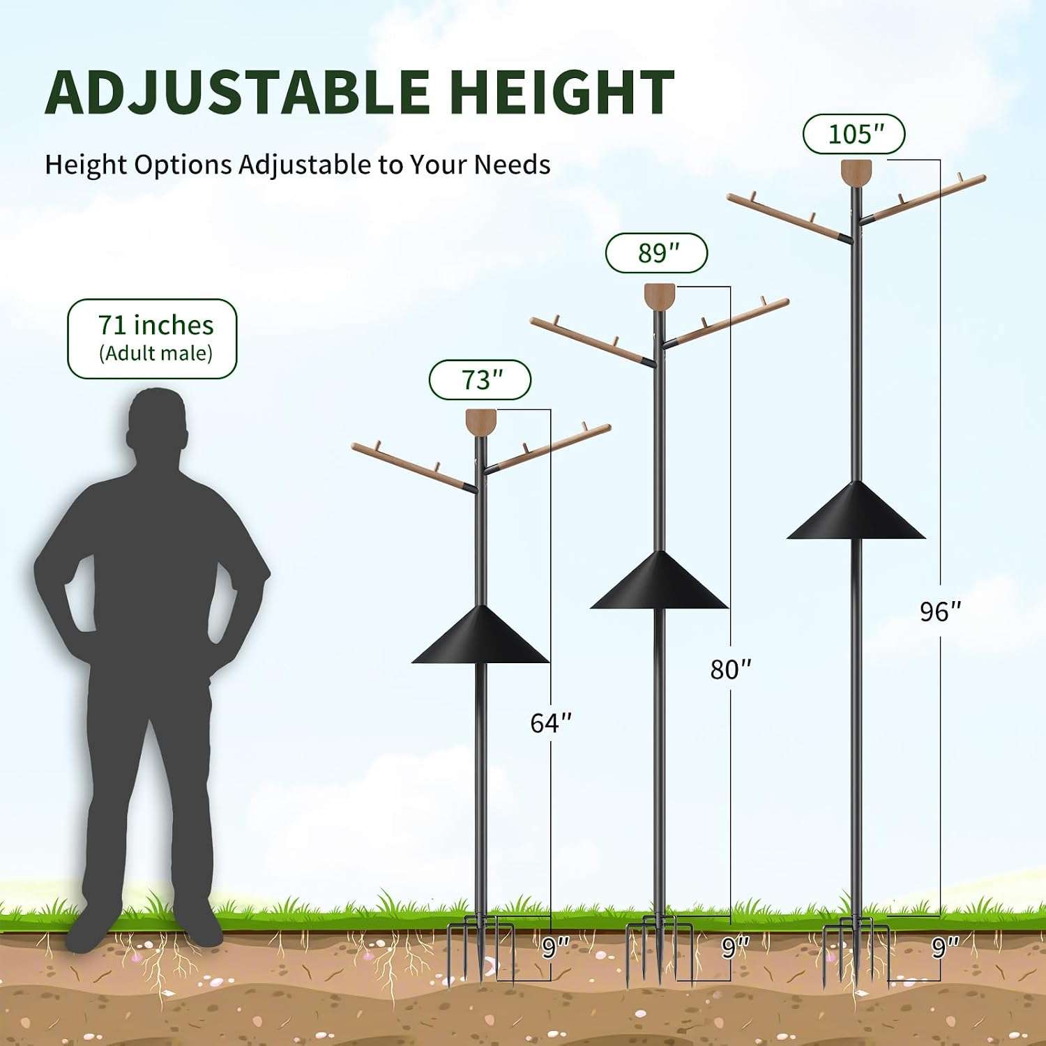 poste resistente para comedero de pajaros con altura ajustable, deflector anti ardillas y base de 5 puntas para jardin