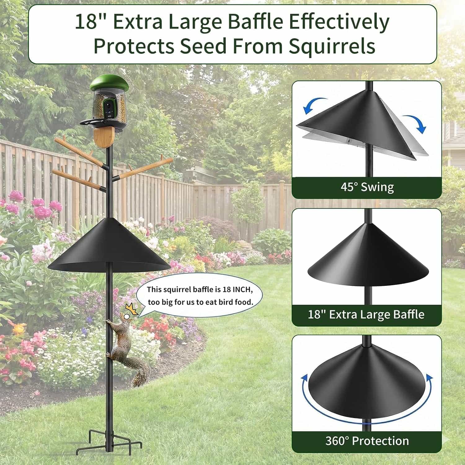 poste resistente para comedero de pajaros con altura ajustable, deflector anti ardillas y base de 5 puntas para jardin