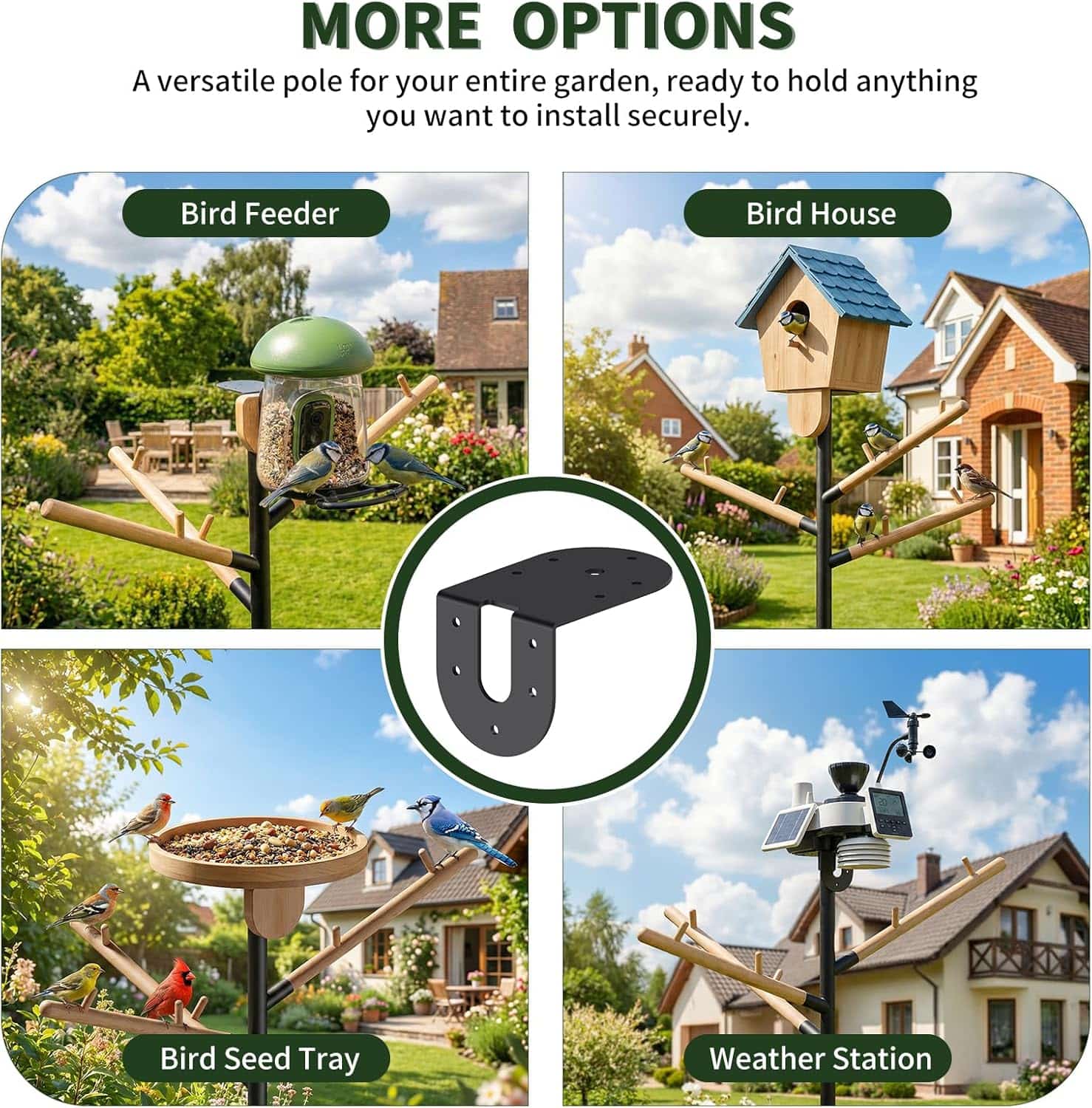 poste resistente para comedero de pajaros con altura ajustable, deflector anti ardillas y base de 5 puntas para jardin