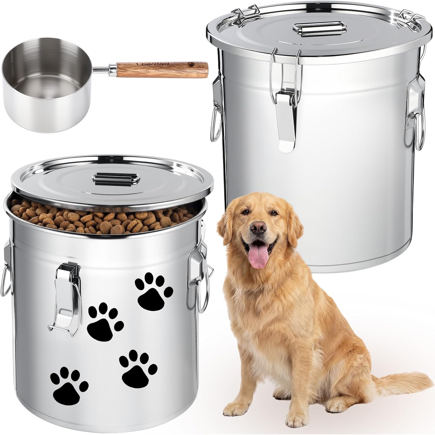 set de 2 contenedores hermeticos de acero inoxidable para alimento de perros de 12 litros con cuchara