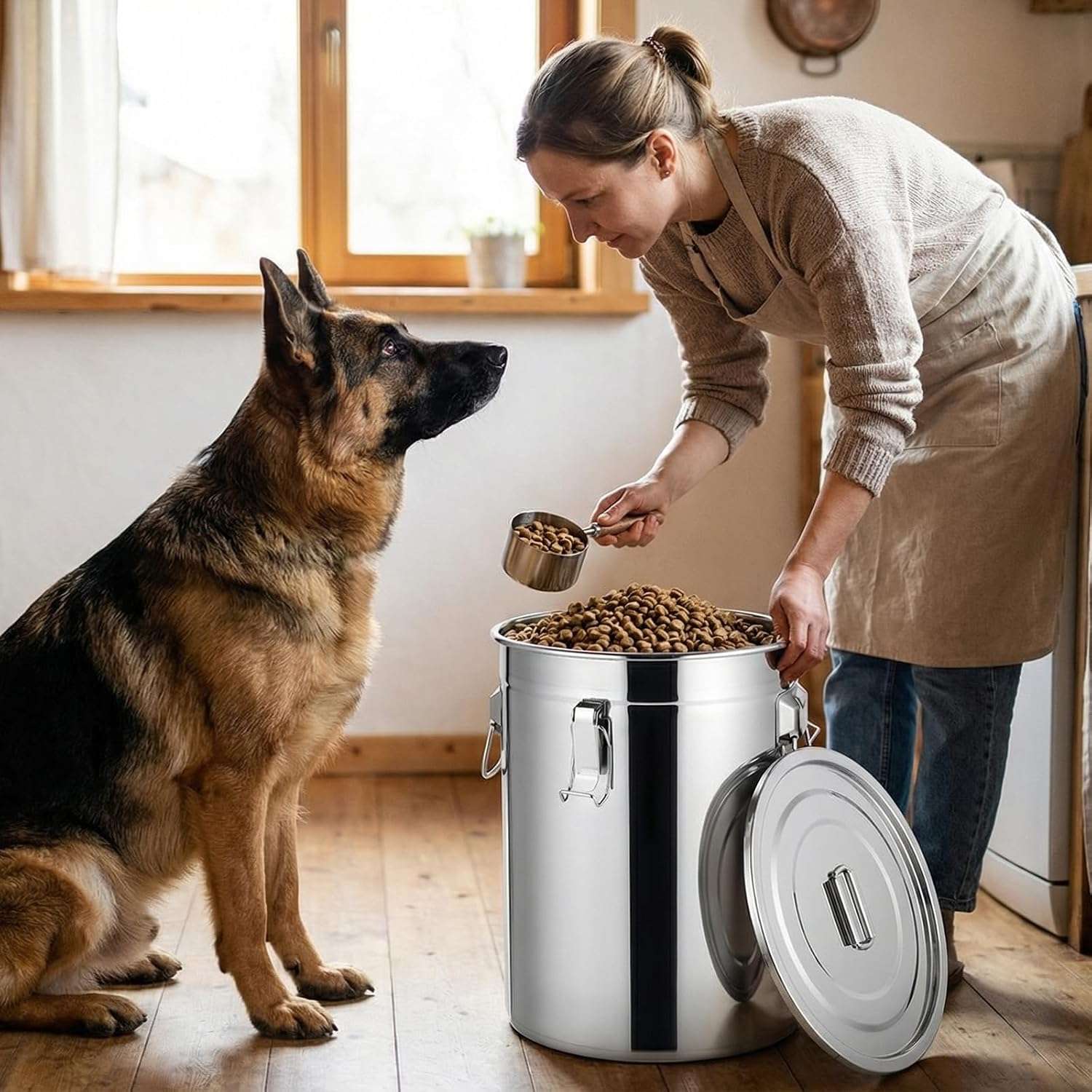 set de 2 contenedores hermeticos de acero inoxidable para alimento de perros de 12 litros con cuchara