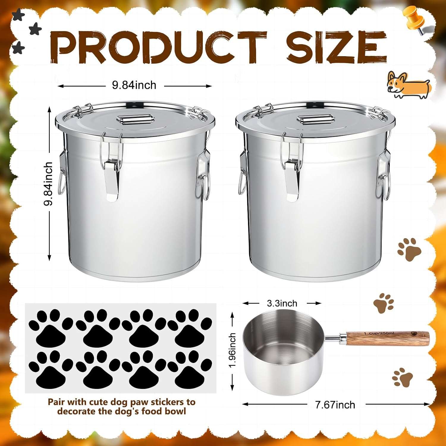 set de 2 contenedores hermeticos de acero inoxidable para alimento de perros de 12 litros con cuchara