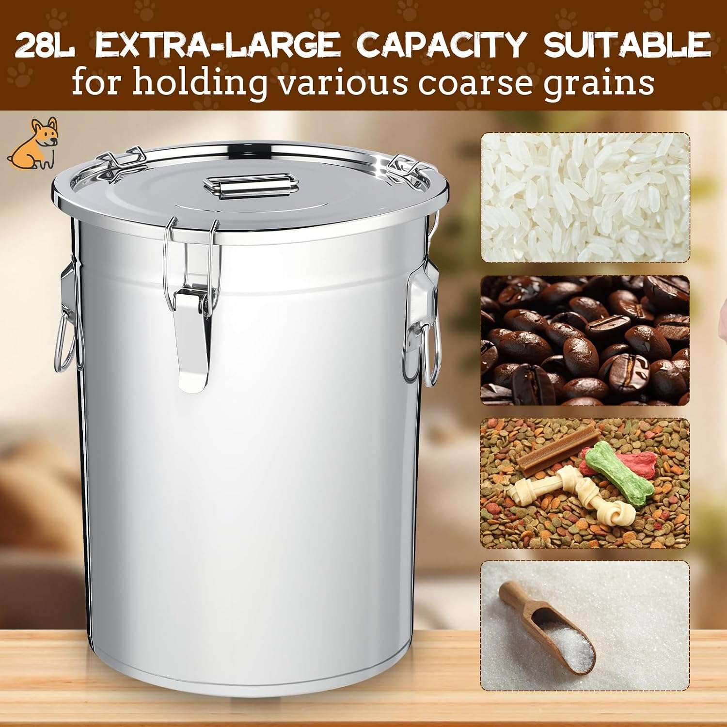 set de 2 contenedores hermeticos de acero inoxidable para alimento de perros de 12 litros con cuchara