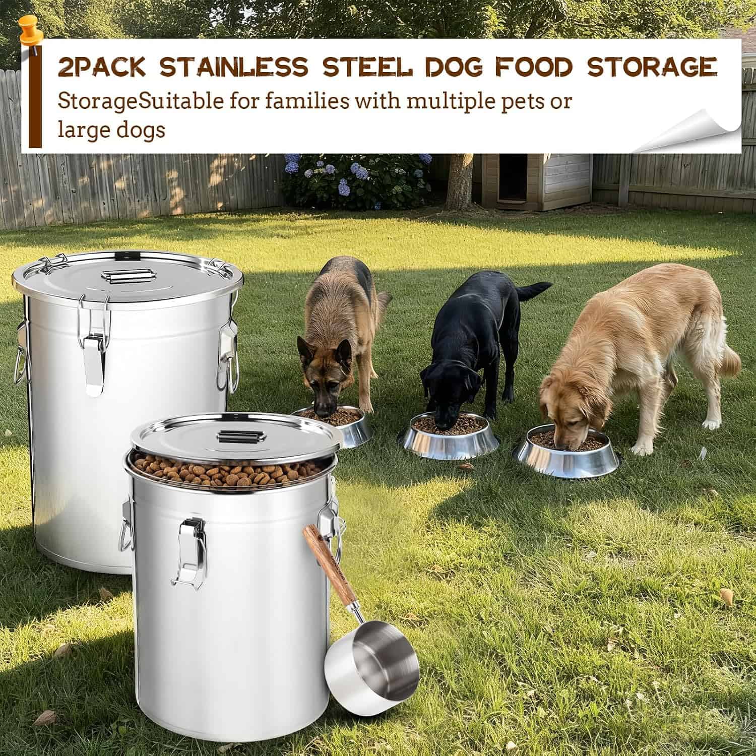 set de 2 contenedores hermeticos de acero inoxidable para alimento de perros de 12 litros con cuchara