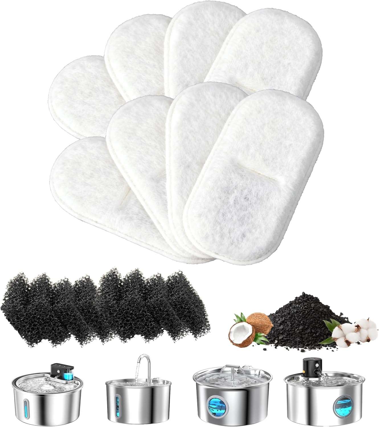 paquete de 8 filtros de repuesto y esponjas para fuente de agua de gatos de acero inoxidable